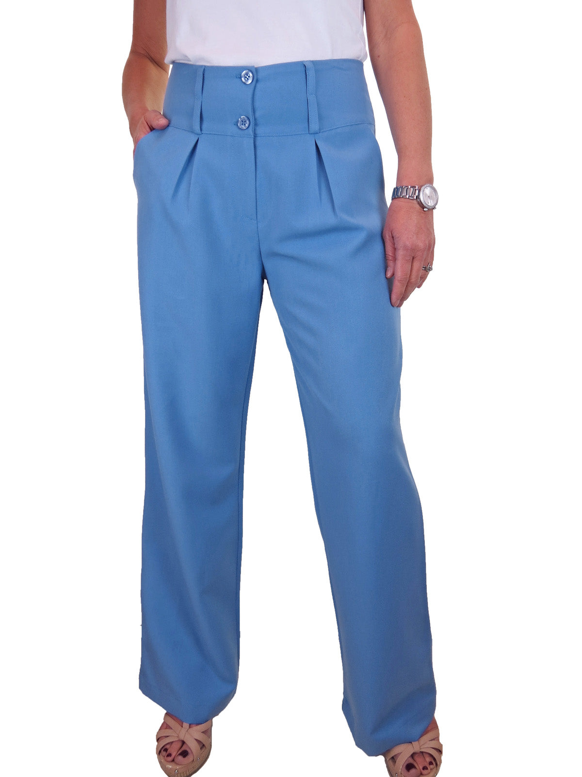 Ladies Wide Leg Smart Trouser Sky Blue