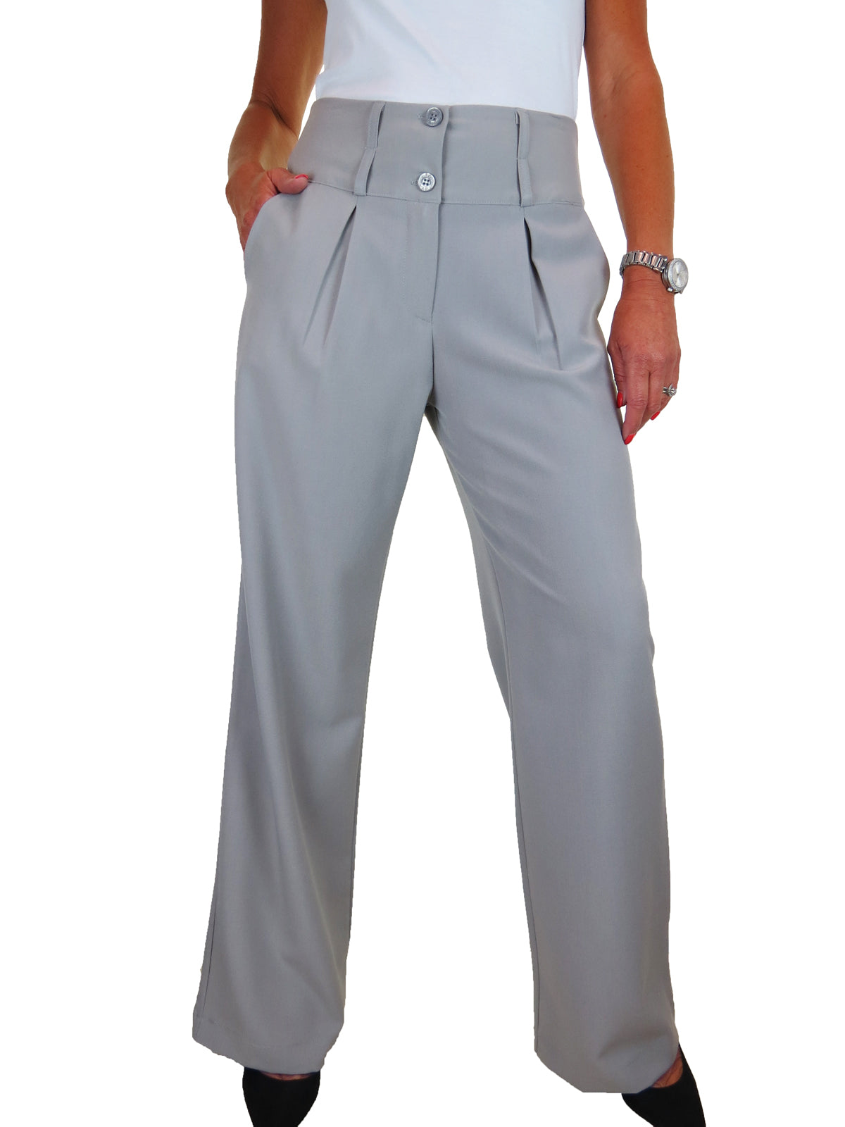 Ladies Wide Leg Smart Trouser Light Grey