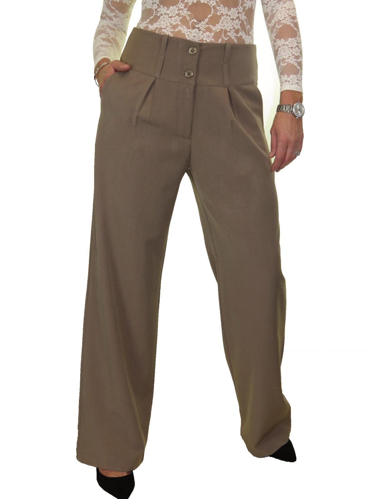 Ladies Wide Leg Smart Trouser Light Brown
