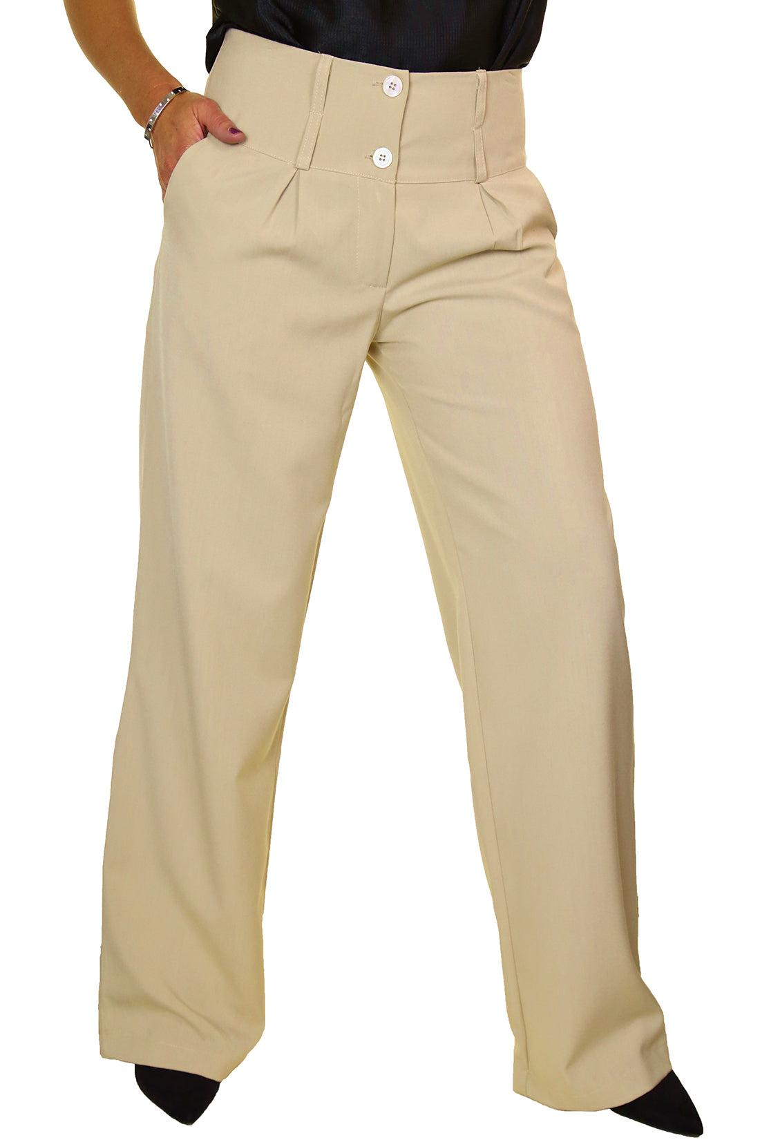Ladies Wide Leg Smart Trouser Beige