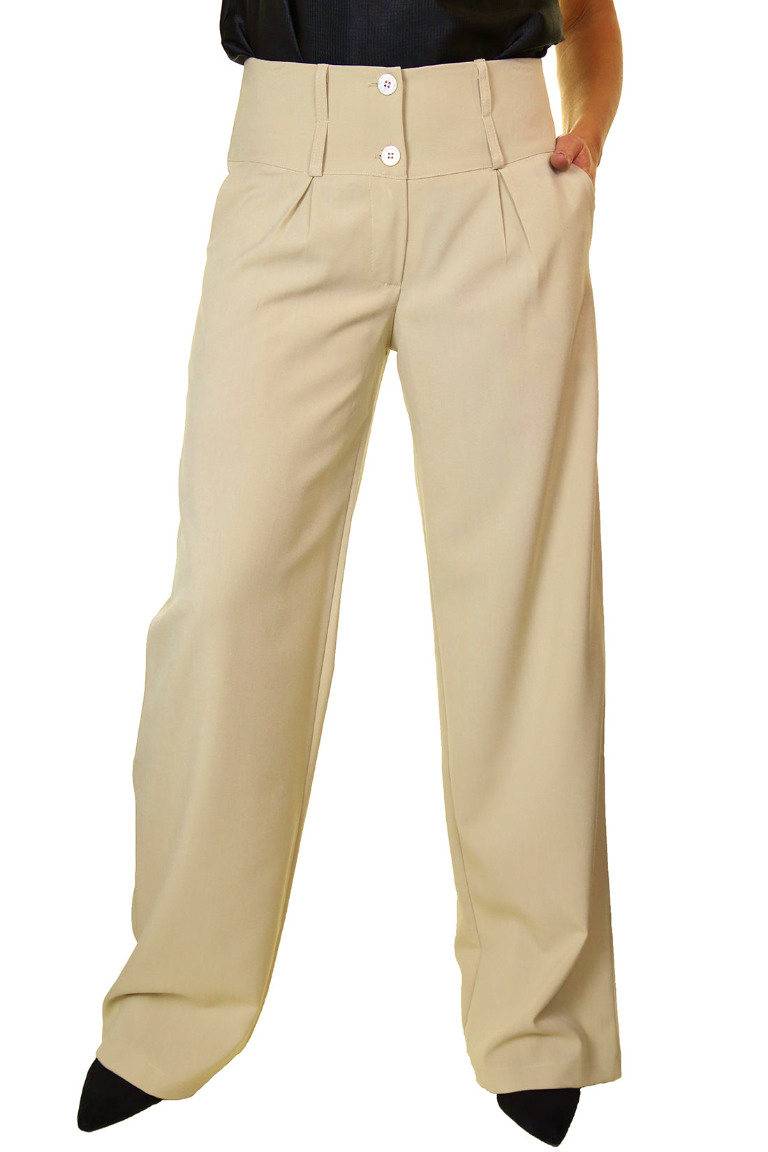 Ladies Wide Leg Smart Trouser Beige