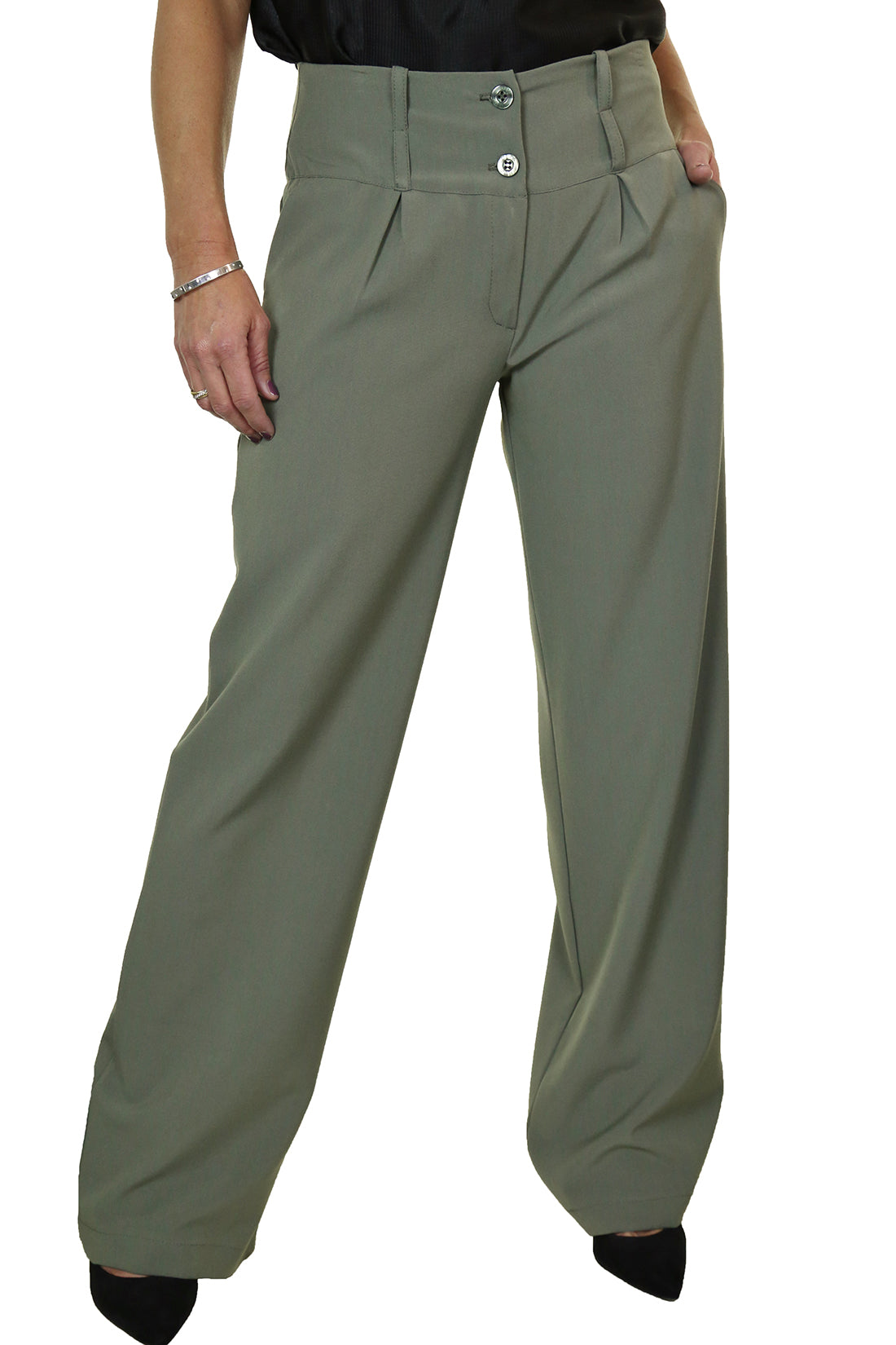 Ladies Wide Leg Smart Trouser Khaki Green