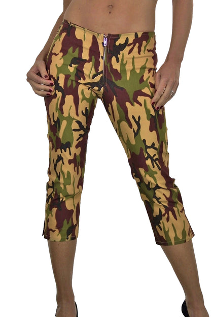 Stretch Cropped Capri Trousers Camouflage Print Camouflage