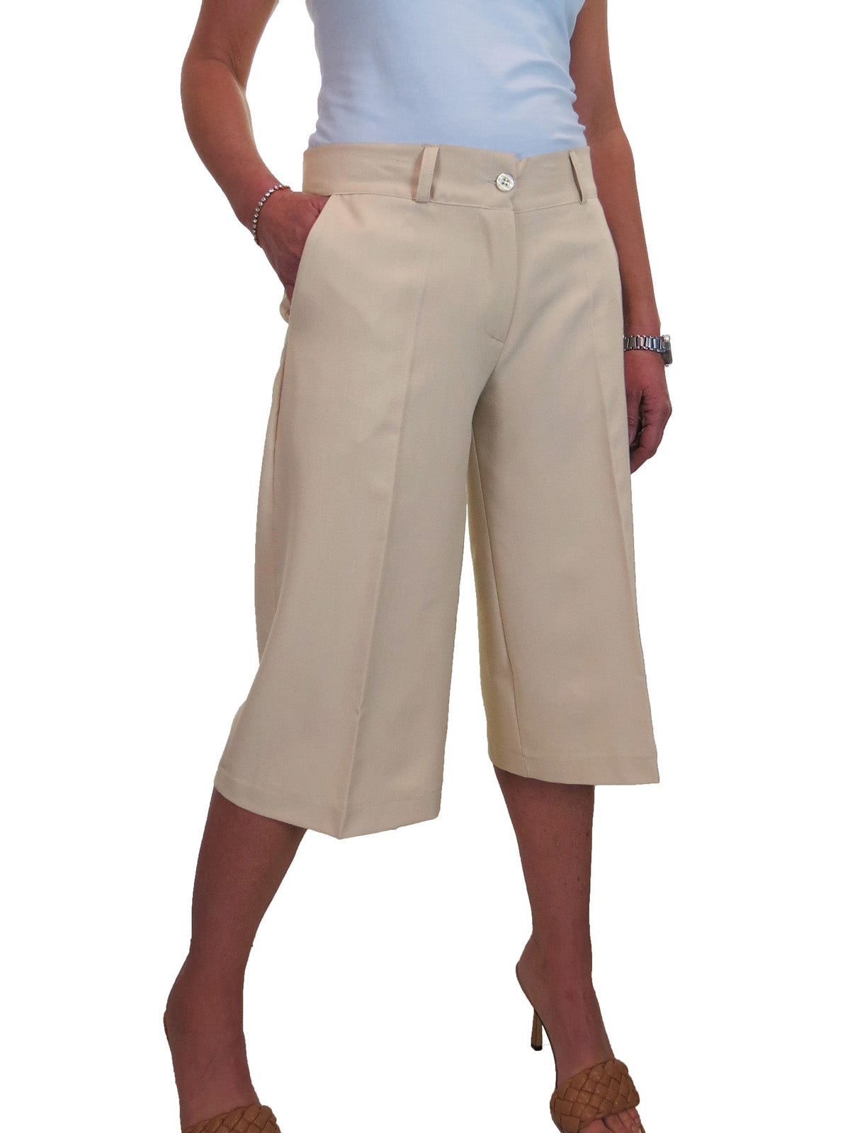 Ladies 3/4 Length Smart Culotte Trousers Beige