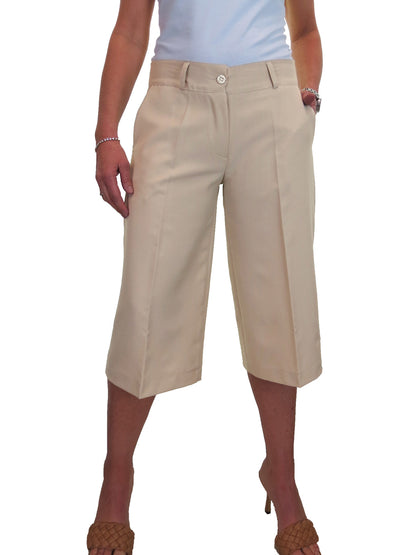 Ladies 3/4 Length Smart Culotte Trousers Beige