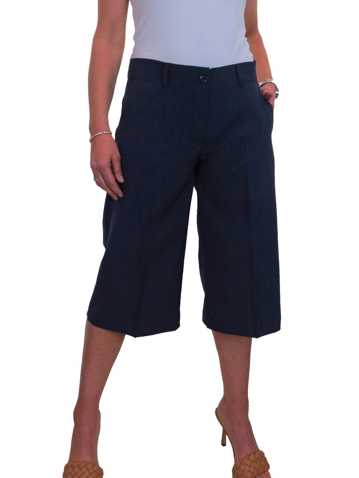 Ladies 3/4 Length Smart Culotte Trousers Blue