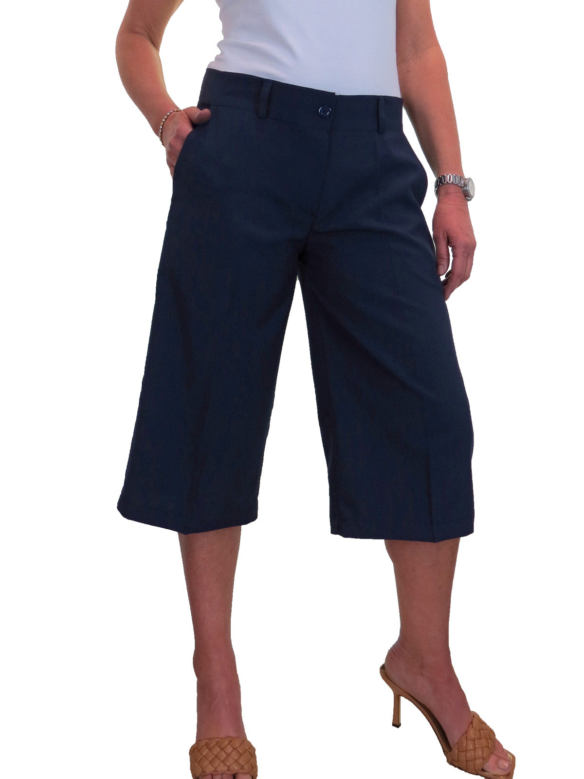 Ladies 3/4 Length Smart Culotte Trousers Blue