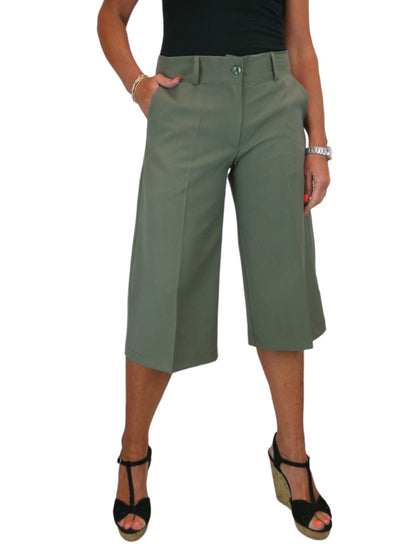 Ladies 3/4 Length Smart Culotte Trousers Khaki