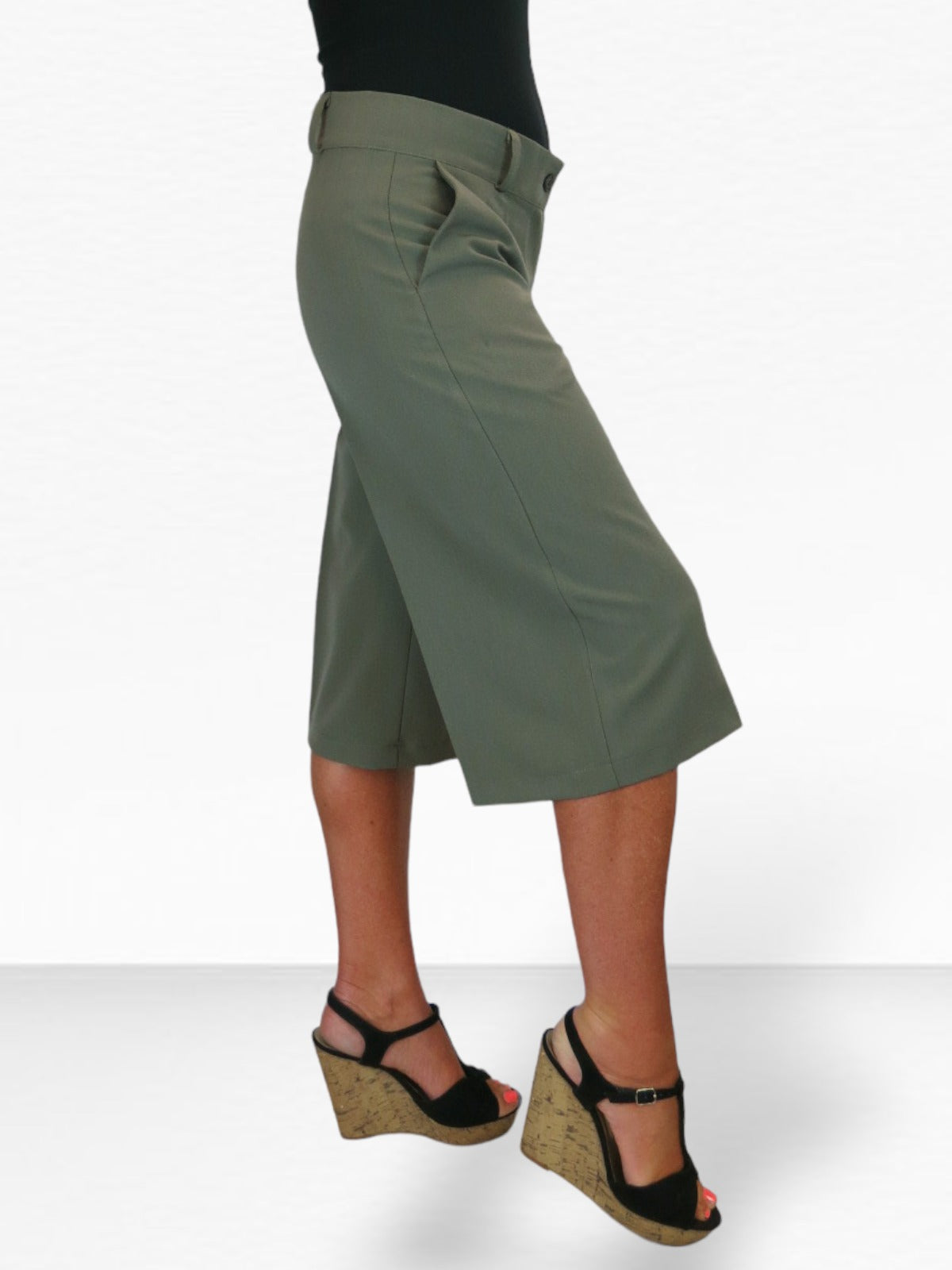 Ladies 3/4 Length Smart Culotte Trousers Khaki