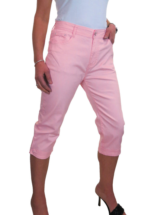 Womens Diamante Cuff Crop Leg Stretch Jeans Pink