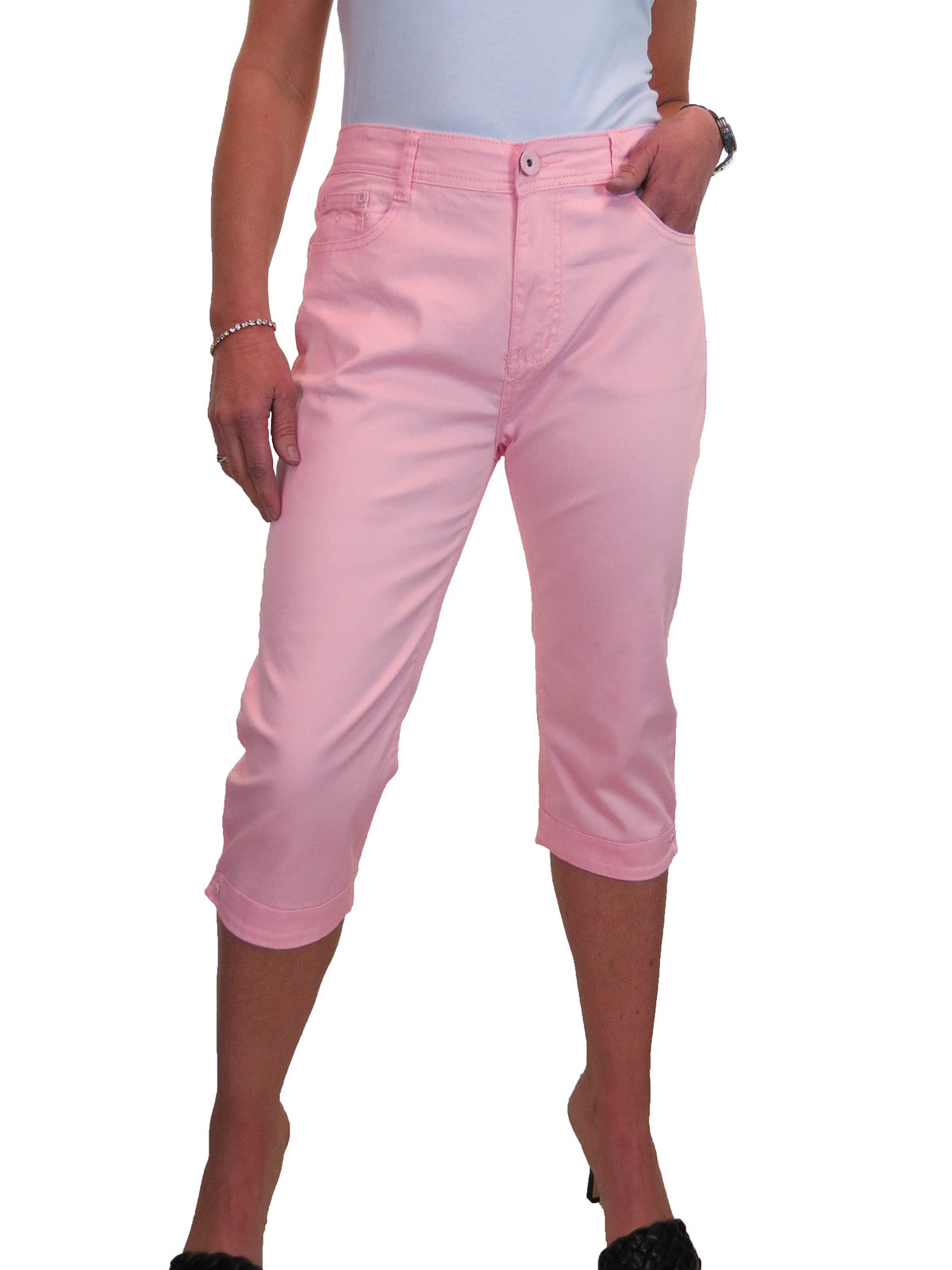 Womens Diamante Cuff Crop Leg Stretch Jeans Pink