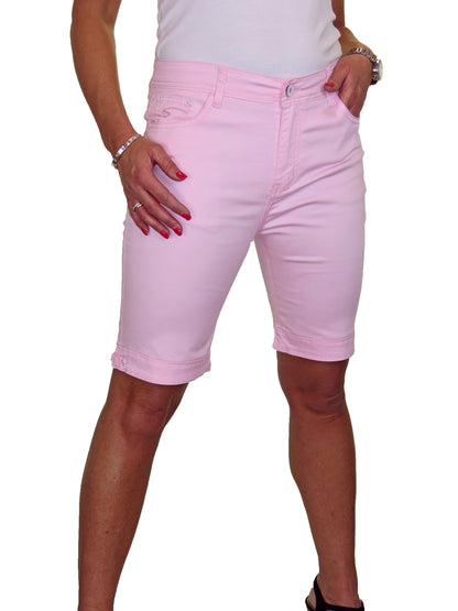 Stretch Diamante Cuff Chino Sheen Jeans Shorts Light Pink