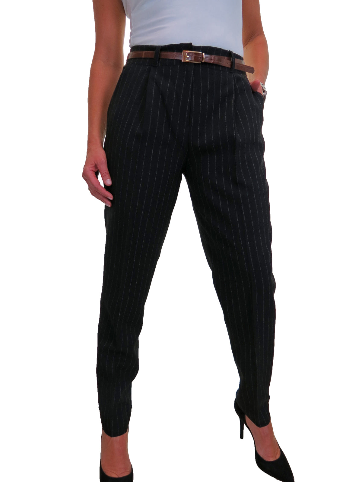 Ladies Smart Tapered Leg Trousers Pinstripe Black