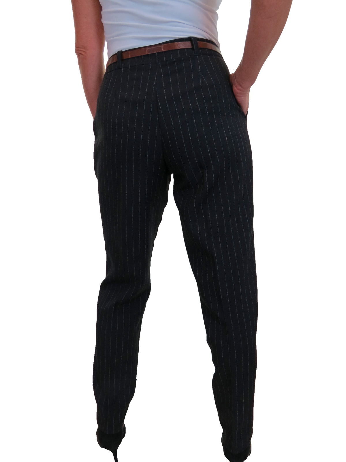 Ladies Smart Tapered Leg Trousers Pinstripe Black