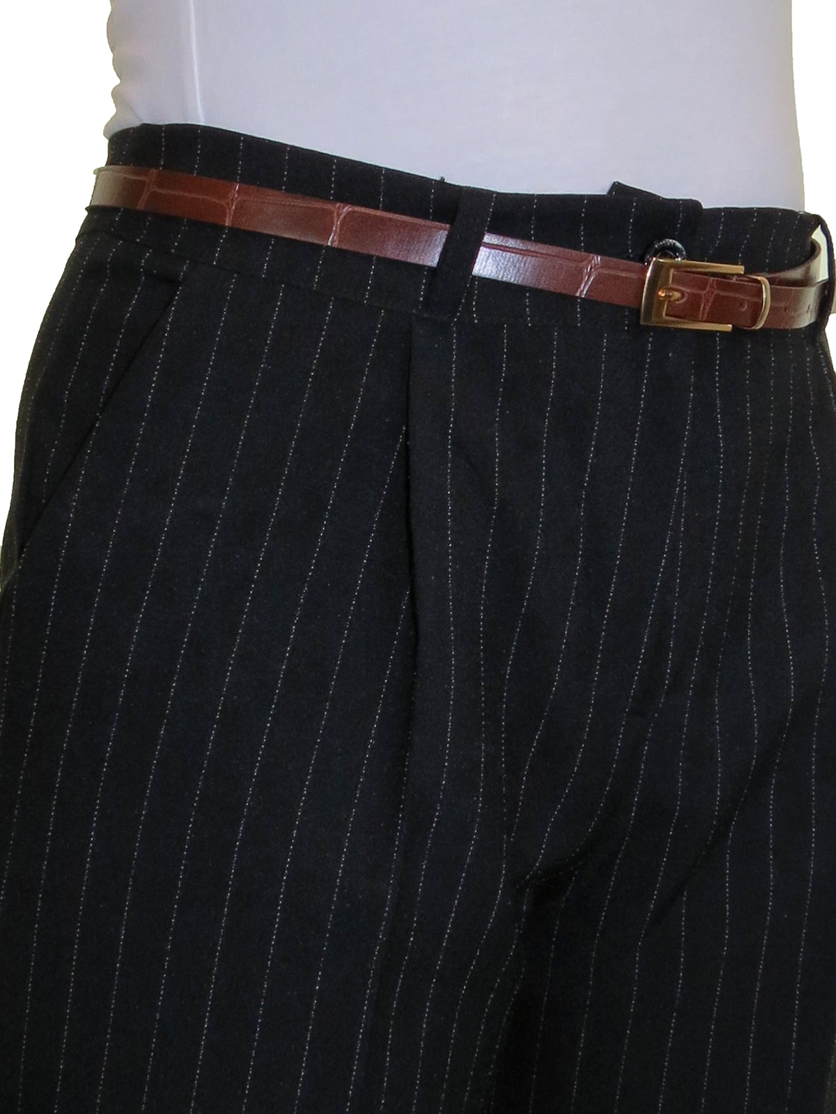 Ladies Smart Tapered Leg Trousers Pinstripe Black