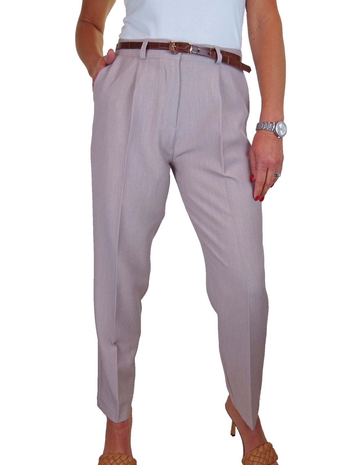 Ladies Smart Tapered Leg Trousers Mauve Oatmeal