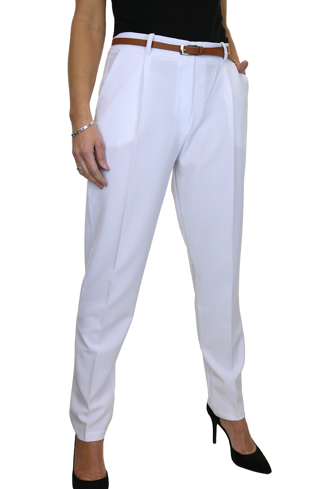 Ladies Smart Tapered Leg Trousers White
