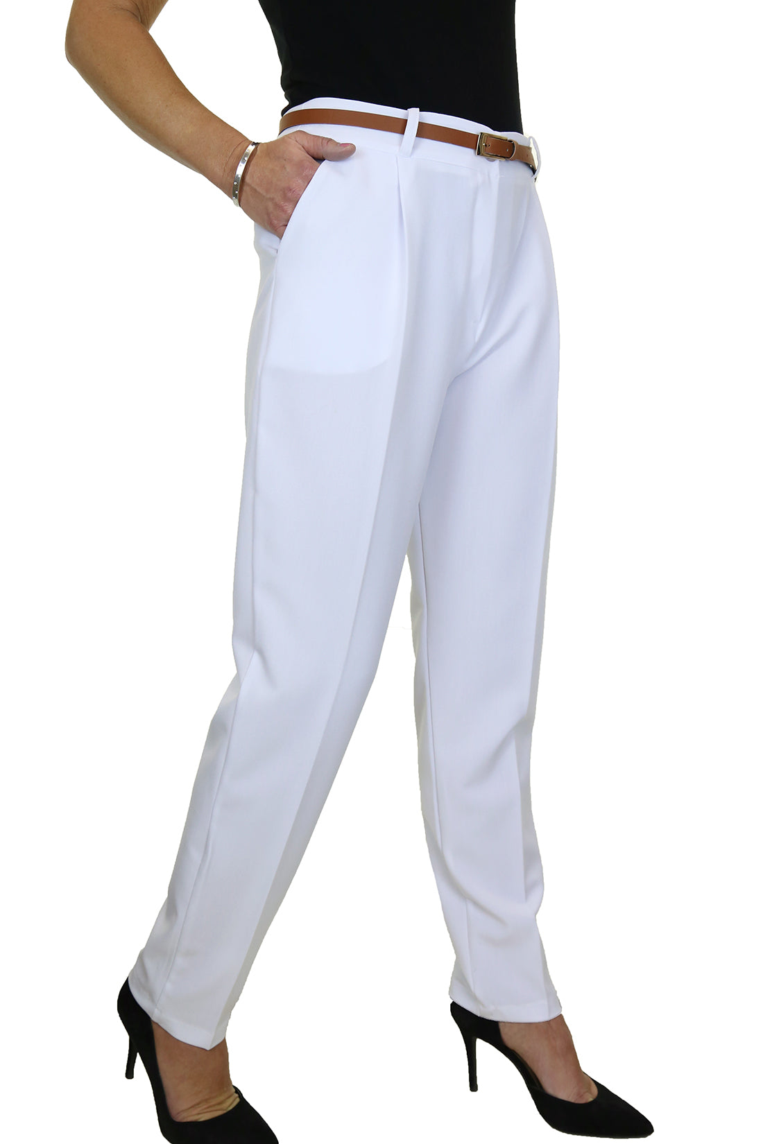 Ladies Smart Tapered Leg Trousers White