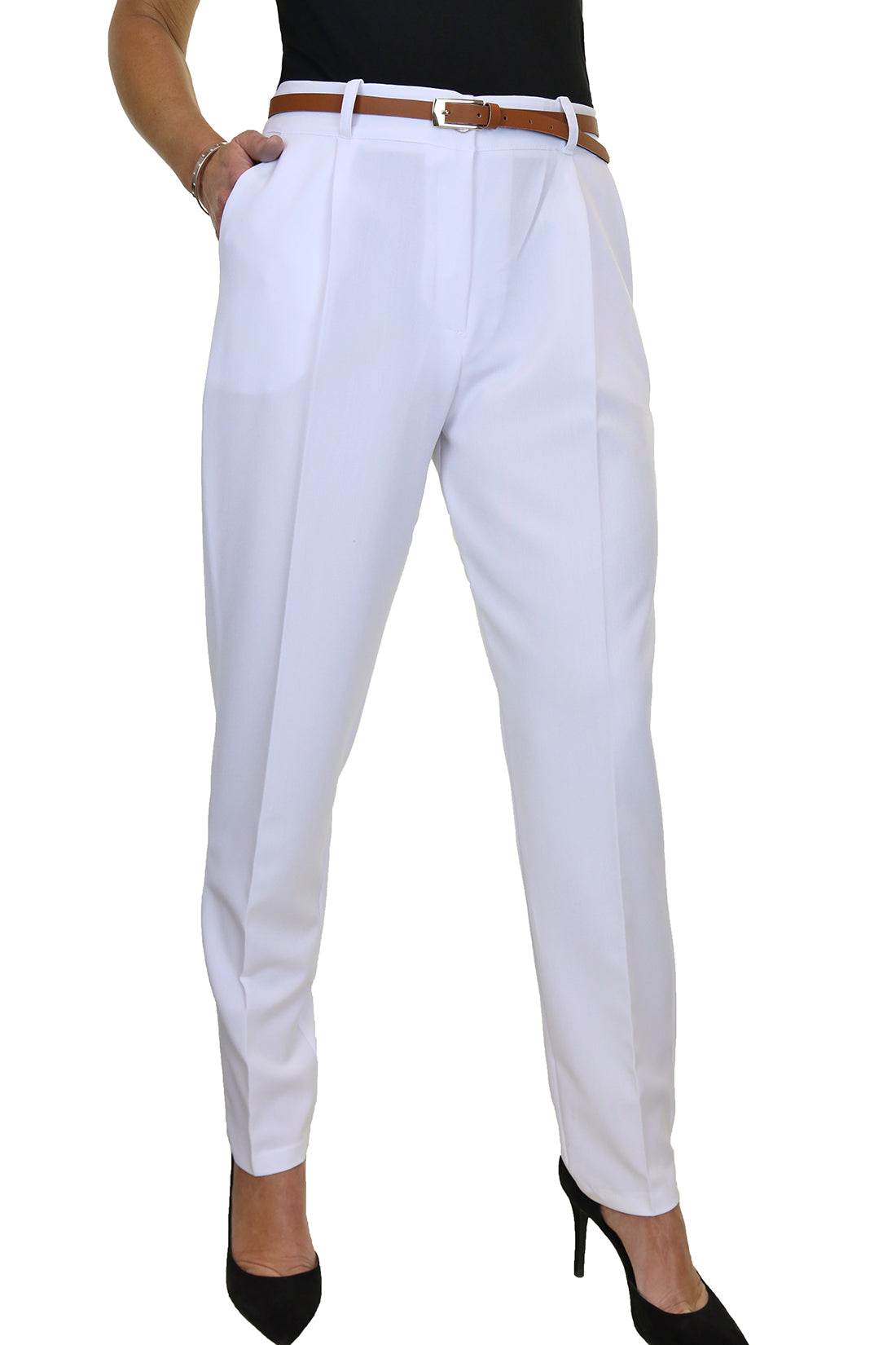 Ladies Smart Tapered Leg Trousers White