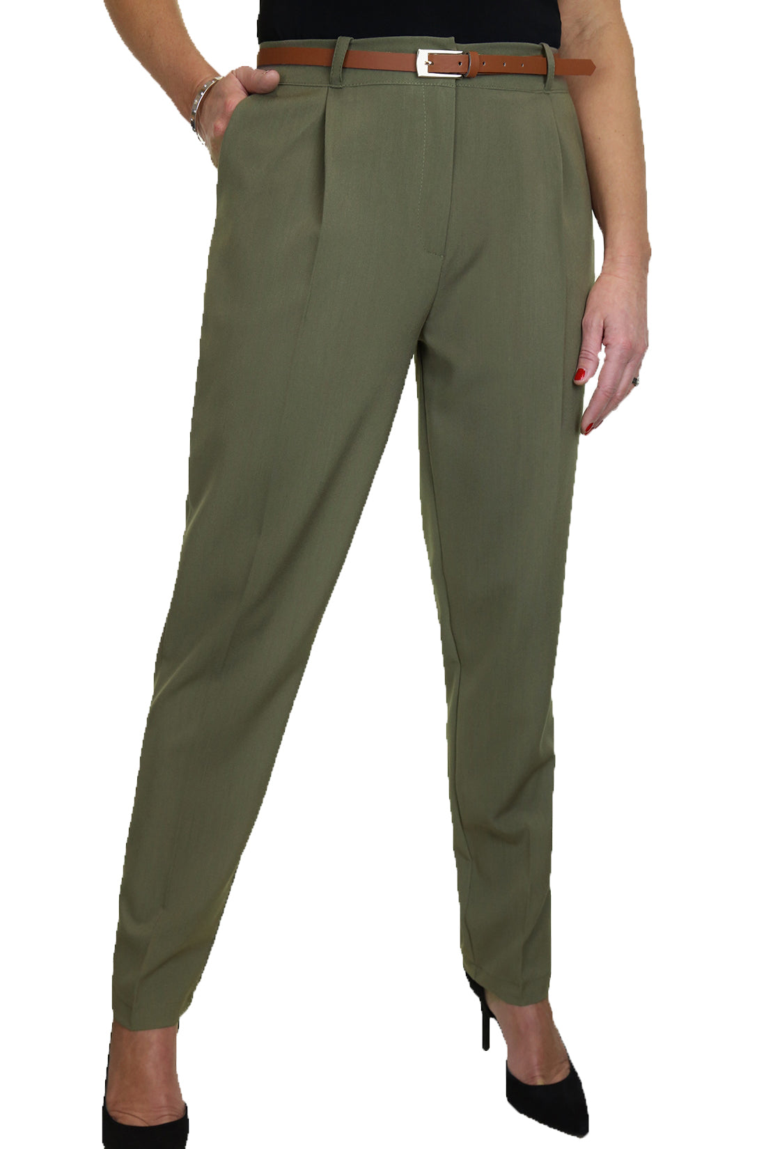 Ladies Smart Tapered Leg Trousers Olive Green