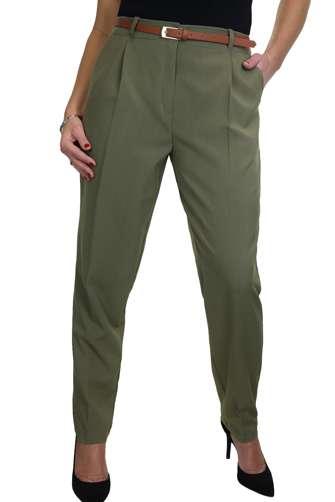 Ladies Smart Tapered Leg Trousers Olive Green