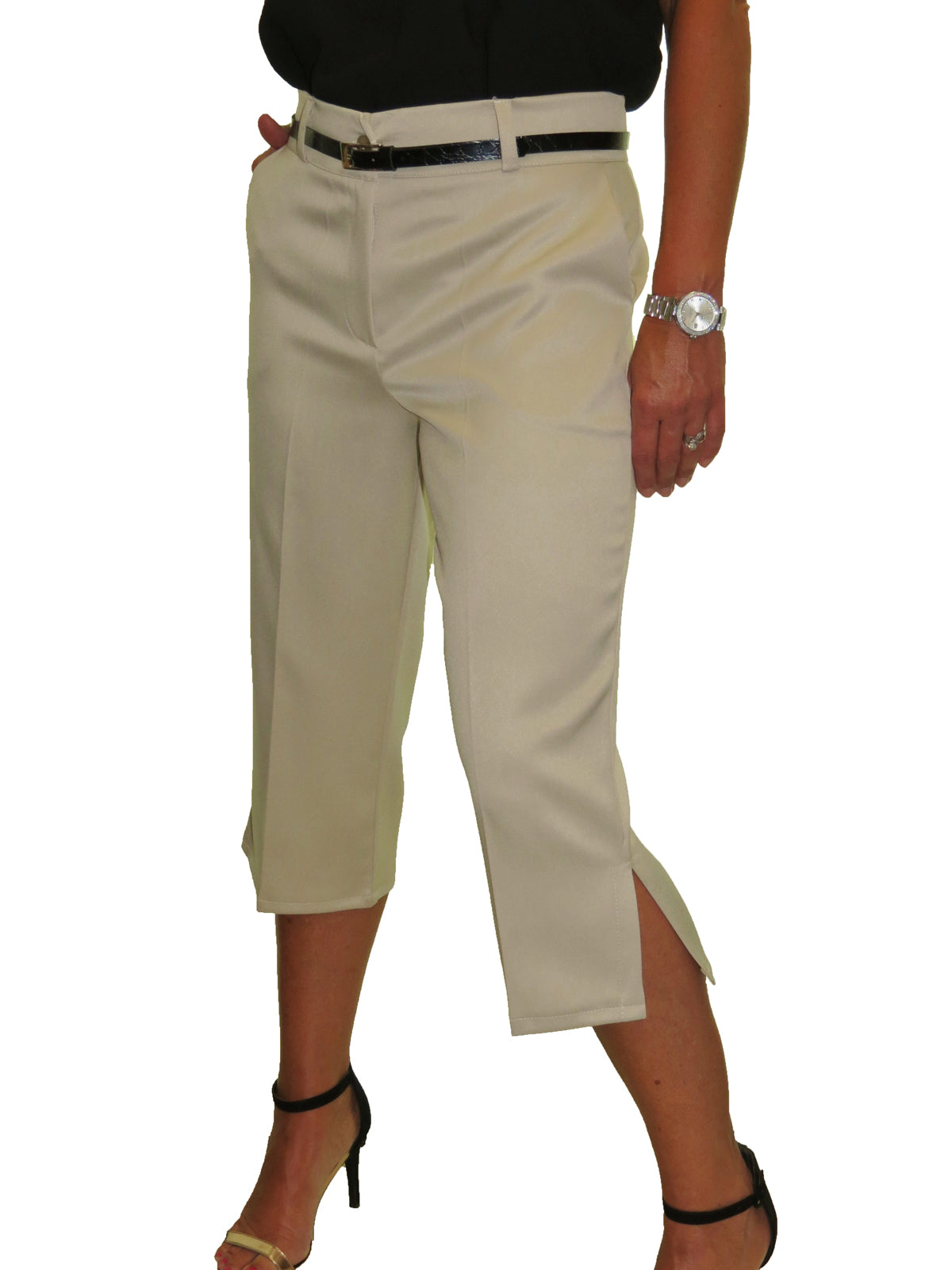 Smart Belted Crop Trousers In Matt Satin Beige