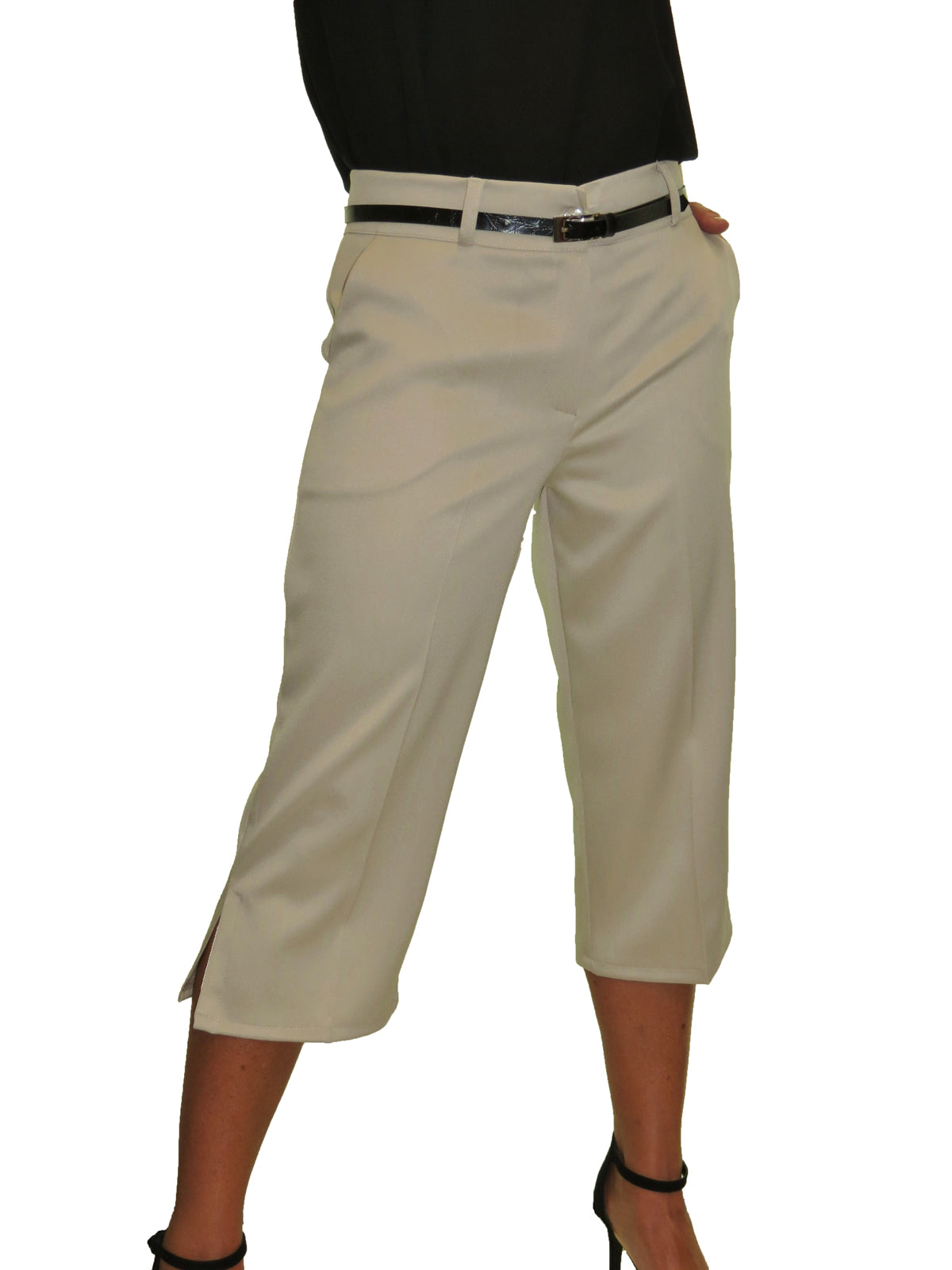 Smart Belted Crop Trousers In Matt Satin Beige