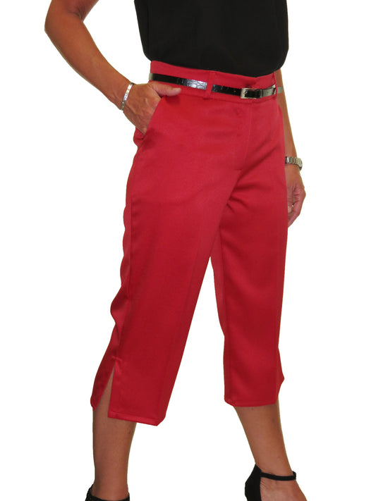 Smart Belted Crop Trousers In Matt Satin Red