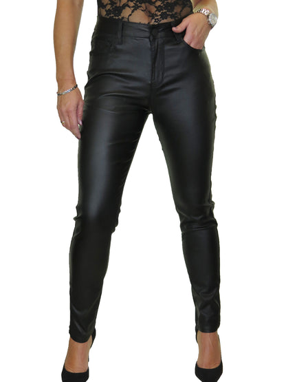 Womens High Waist Stretch Leather Look Jeans Black