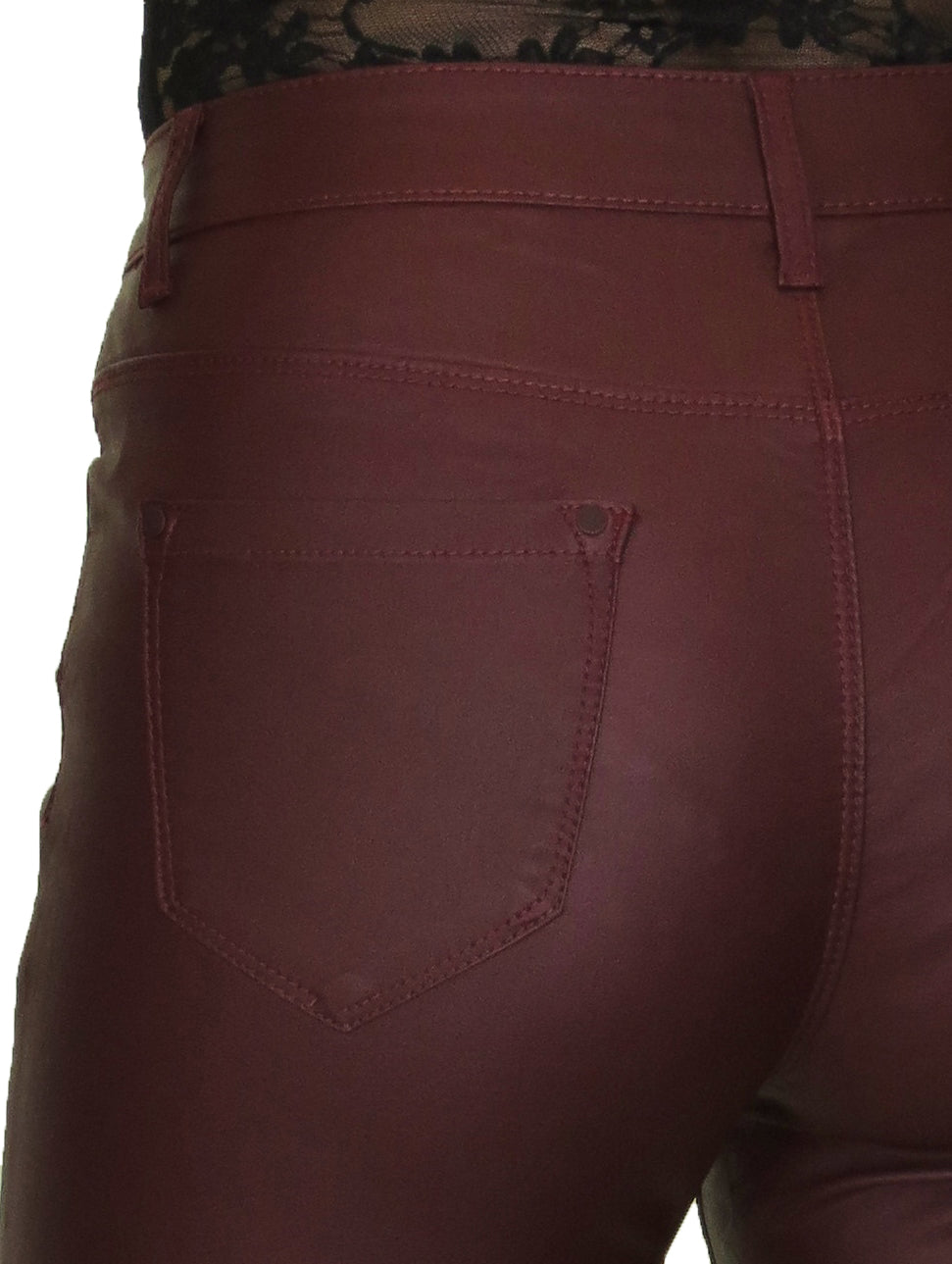 Womens High Waist Stretch Leather Look Jeans Wine Red