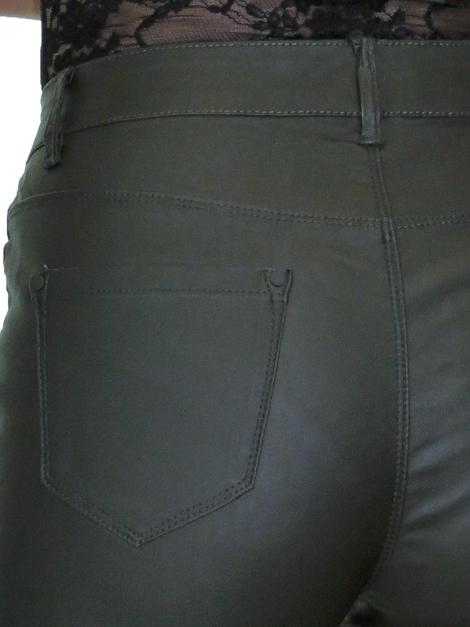 Womens High Waist Stretch Leather Look Jeans Olive Green