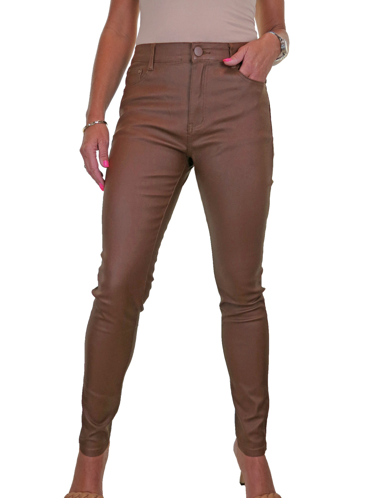 Womens High Waist Stretch Leather Look Jeans Tan