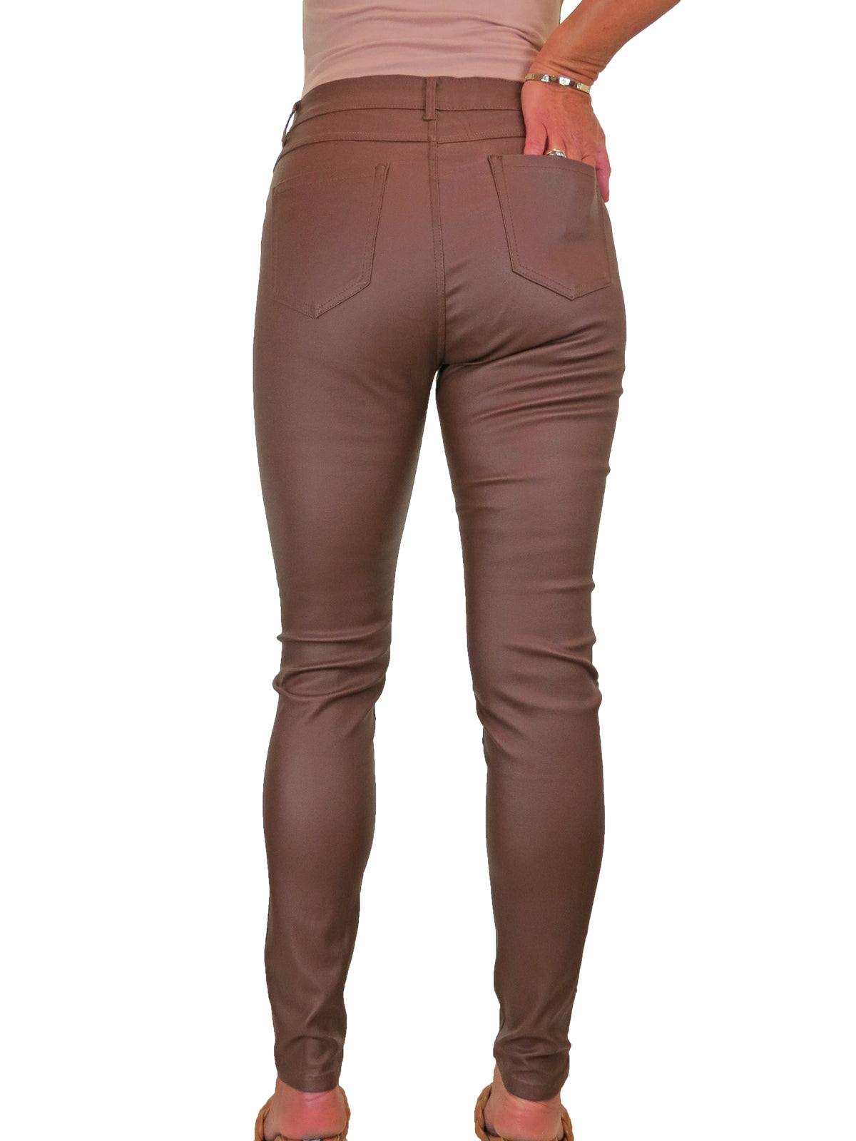 Womens High Waist Stretch Leather Look Jeans Tan