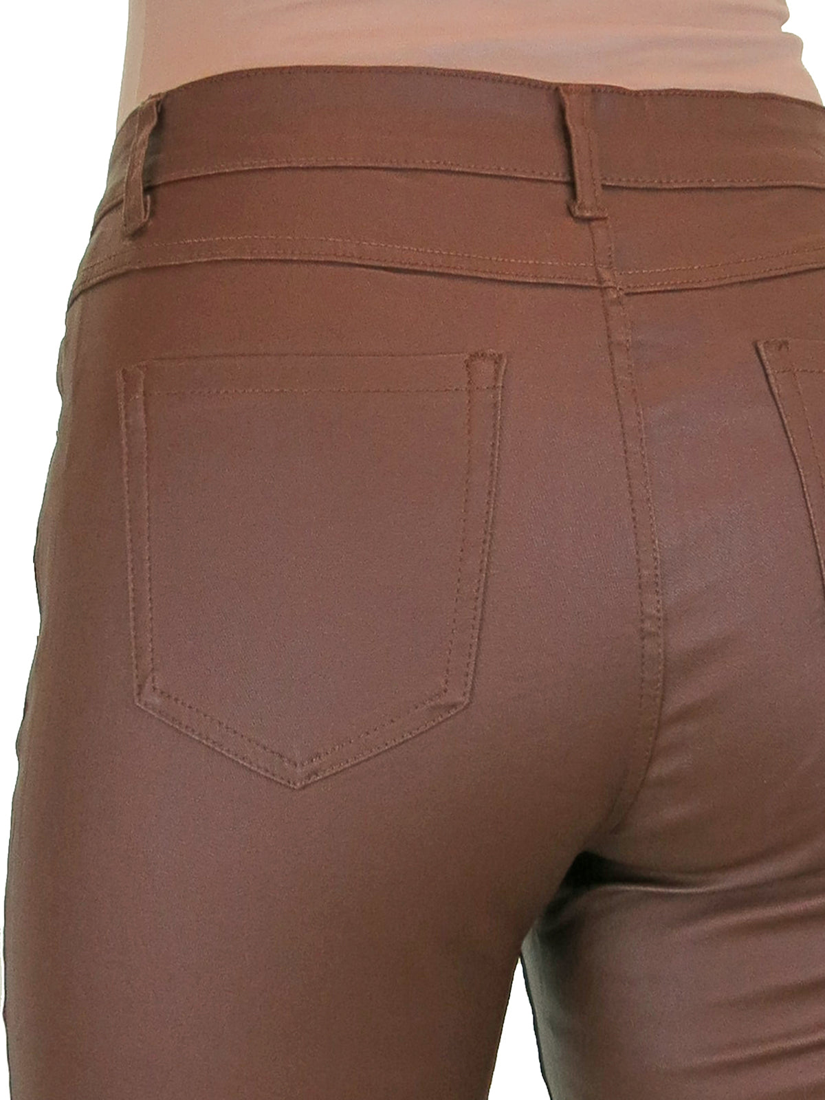 Womens High Waist Stretch Leather Look Jeans Tan