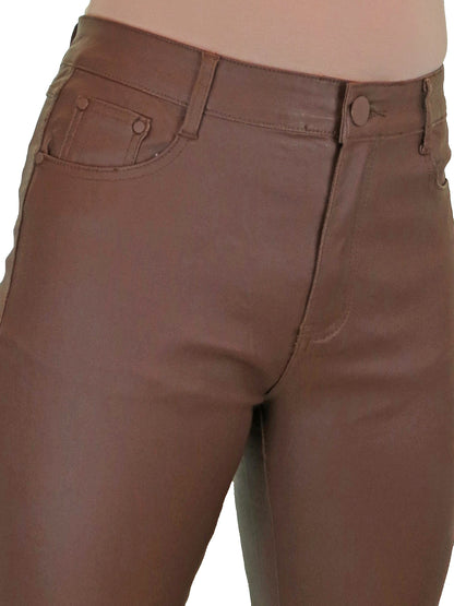 Womens High Waist Stretch Leather Look Jeans Tan