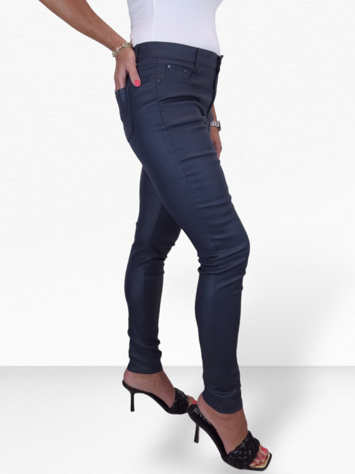 Womens High Waist Stretch Leather Look Jeans Navy Blue