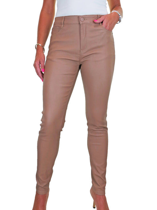 Womens High Waist Stretch Leather Look Jeans Caramel Beige