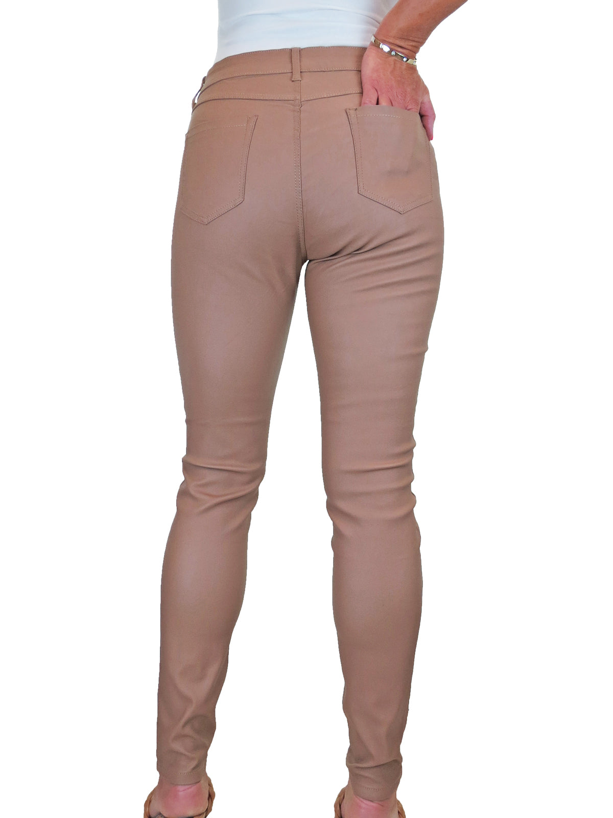 Womens High Waist Stretch Leather Look Jeans Caramel Beige