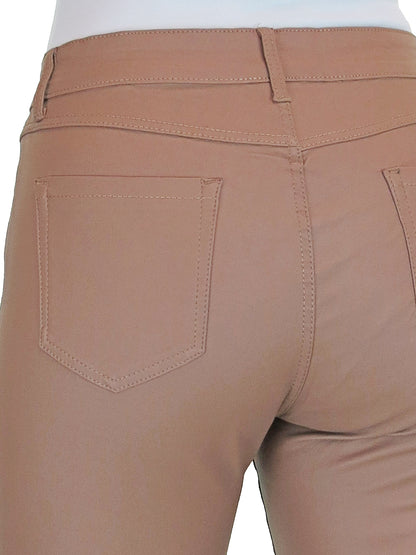 Womens High Waist Stretch Leather Look Jeans Caramel Beige