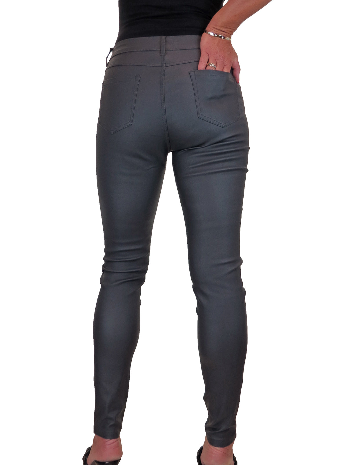 Womens High Waist Stretch Leather Look Jeans Grey