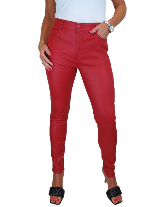 Womens High Waist Stretch Leather Look Jeans Red