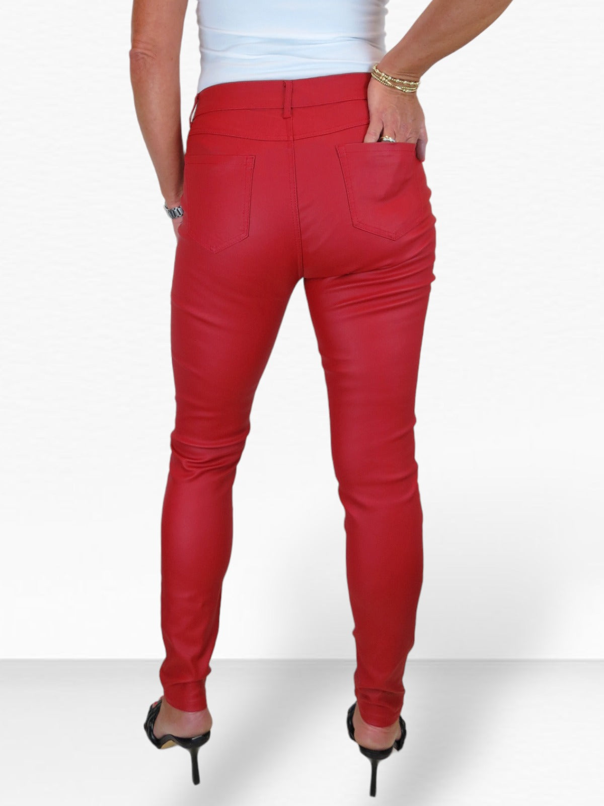 Womens High Waist Stretch Leather Look Jeans Red