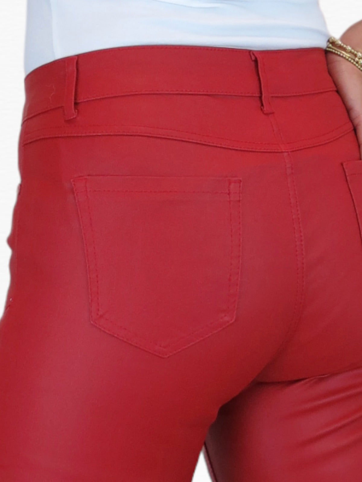 Womens High Waist Stretch Leather Look Jeans Red