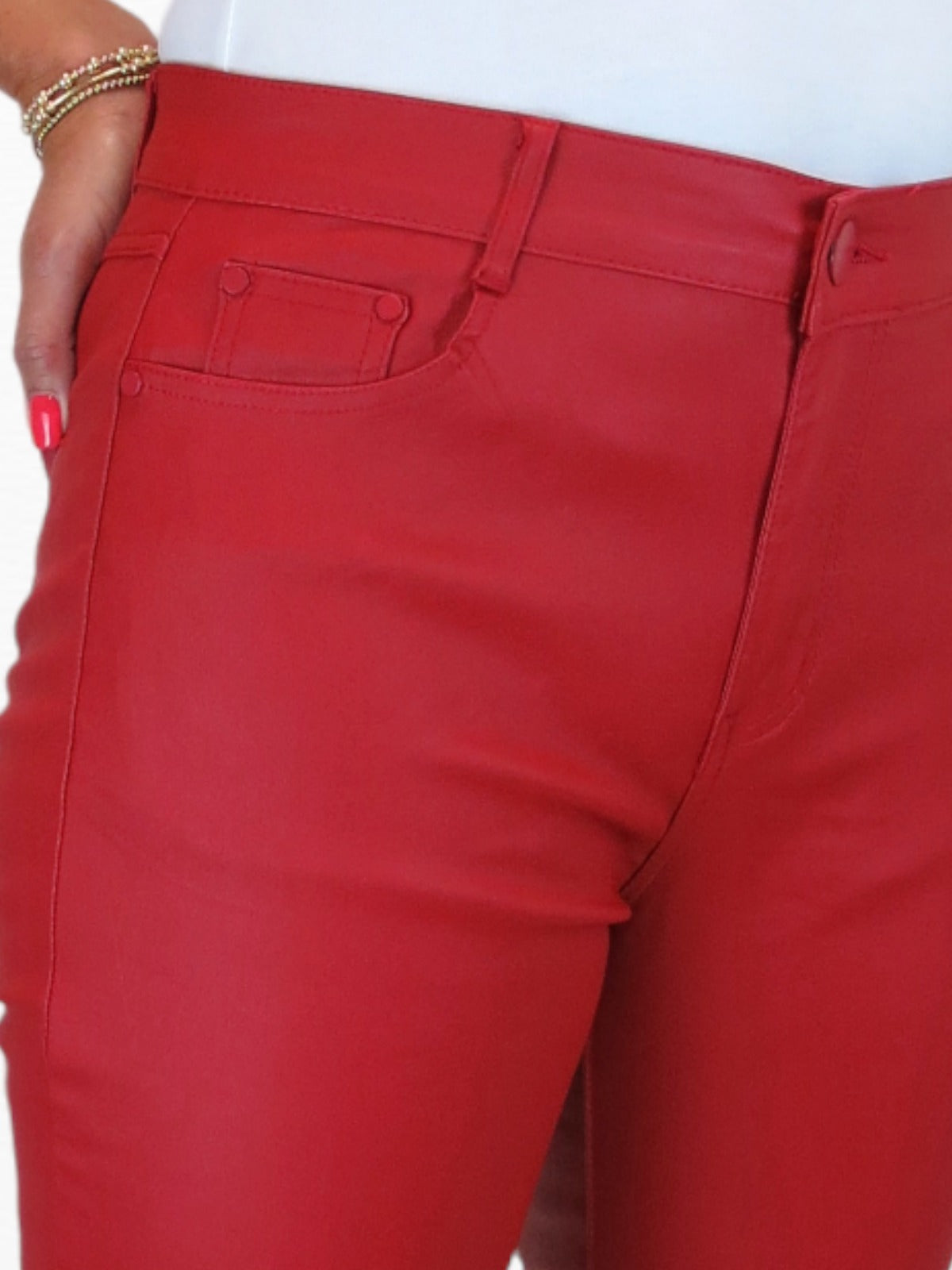 Womens High Waist Stretch Leather Look Jeans Red
