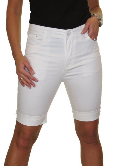 Stretch Chino Sheen Turn Up Cuff  Jeans Style Shorts White