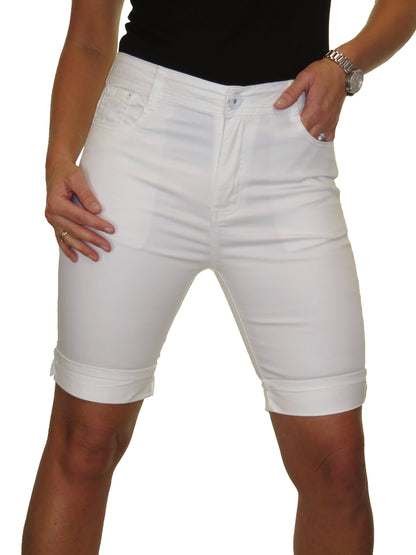 Stretch Chino Sheen Turn Up Cuff  Jeans Style Shorts White