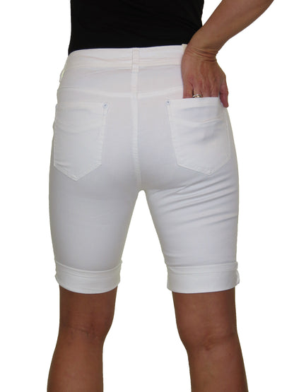 Stretch Chino Sheen Turn Up Cuff  Jeans Style Shorts White