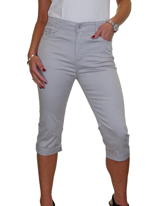 Womens High Waist Chino Sheen  Capris Silver Grey