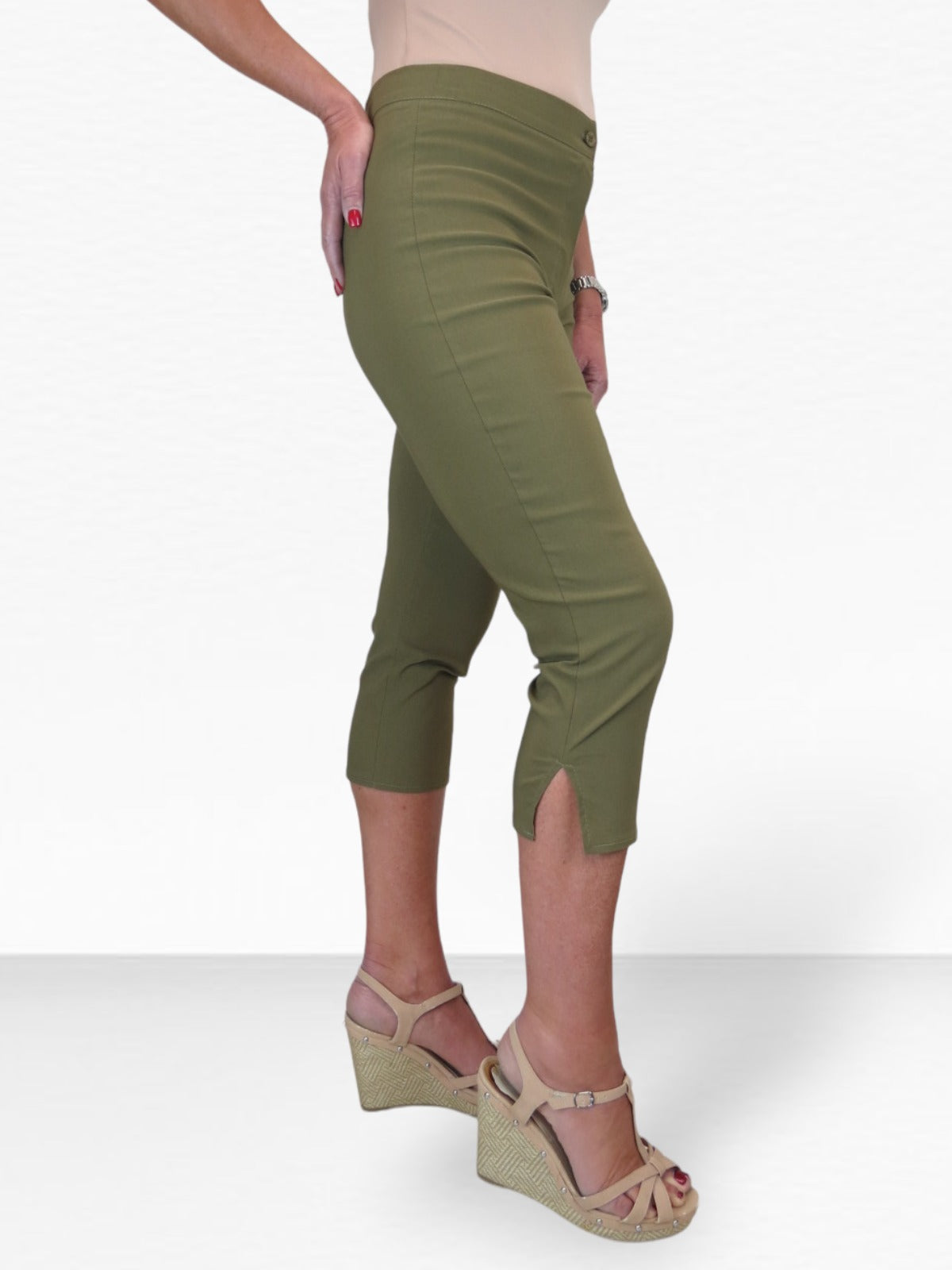 High Waisted Cropped Skinny Pedal Pushers Trousers Khaki Green