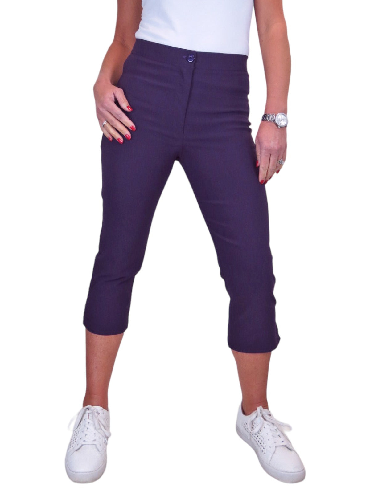 High Waisted Cropped Skinny Pedal Pushers Trousers Aubergine Purple